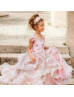 Beaded Neck Pink Printed Organza 3D Floral Romantic Flower Girl Dress